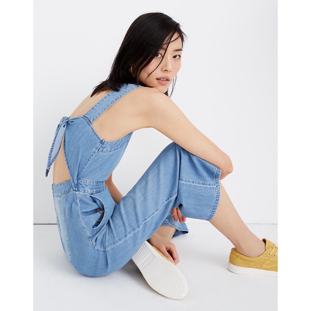 ✨NWT✨ MADEWELL Denim Apron Bow Back Jumpsuit in Blue Sz US 14